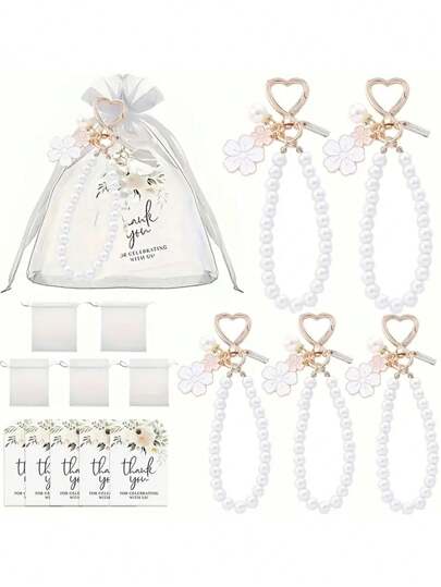 30 件/15 件优雅花朵和珍珠钥匙扣，包括 5 个花朵钥匙扣、5 个感谢标签和 5 个白色纱布袋，合金钥匙扣吊坠可爱花朵字母珍珠配饰，非常适合新娘礼物、生日和婚礼、求婚派对礼物、新娘纪念品