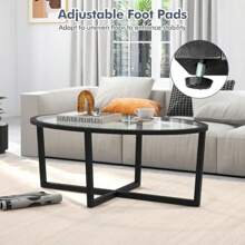 Giantex Glass Coffee Table, 46.5" Oval Accent Sofa Tea Table With Tempered Glass Top, Cross Base & Acacia Wood Legs, Cocktail Table Center Table For Living Room Home Office, Black - default - View 7