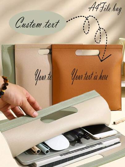 1pc Customizable Text/Name Printed A4 Document Folder, Lightweight Luxury A4 Ranking Bag For Business Files, Meeting Documents, Large Capacity Manuals, High Aesthetic Value & Various PU Leather Colors,Back To School,School Supplies