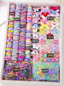 890pcs/Pack Kids Pink Heart & Bow Decor Hair Clips, Hairbands, Ponytail Holders, Hair Accessories, Everyday Use And Gift