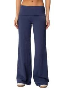 Women Y2k Palazzo Yoga Pants Fold Over Flare Leggings Low Rise Solid Color Stretch Casual Wide Leg Pants Comfy Lounge Pants Bootcut Bell Bottoms Baggy Sweatpants Streetwear - Màu xanh hải quân - Xem 1