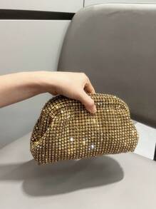 Designer Rhinestone Handmade Evening Clutch Bag, Chain Shoulder/Crossbody Cloud Bag - Gold - View 8