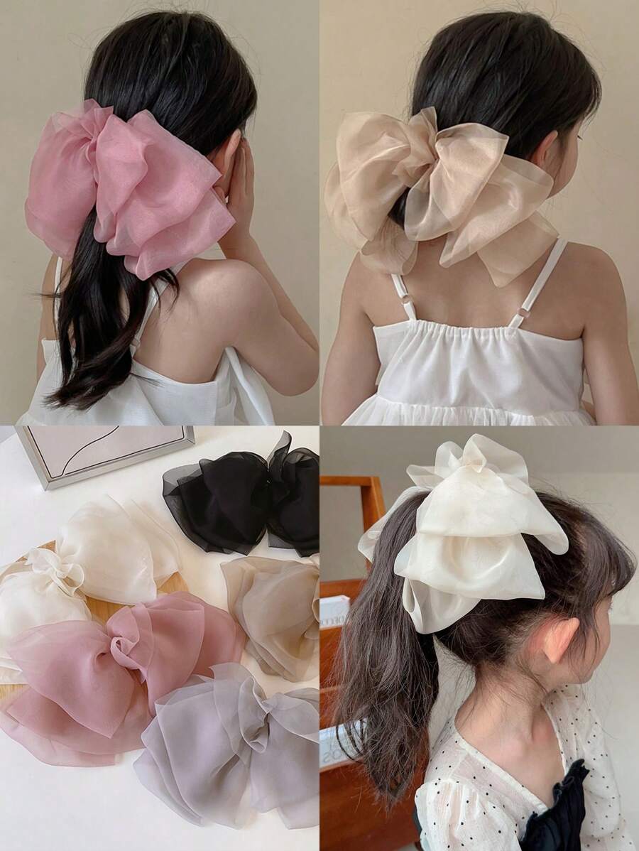 1 件女童多层雪纺大蝴蝶发夹，浅棕色优雅蝴蝶夹，弹簧夹适合春夏季 - 咖啡棕 - 查看 1