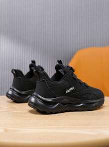 Casual Warm Velvet Inner Running Shoes With Rotary Button For Boys, Lightweight Non-Slip Sneakers Black Shoes To School - Black - View 2