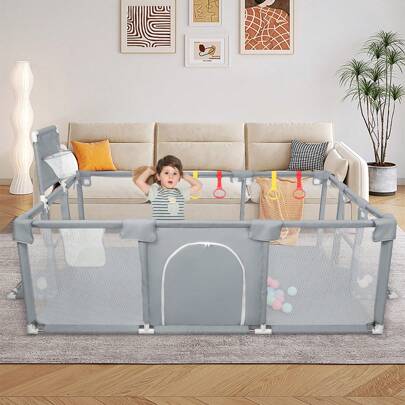 Laufstall Laufgitter Baby mit Basketballkorb und Fußballtor  XL 180x120cm, Playpen Baby Kinderlaufstall mit Atmungsaktivem Netz, 50 Spielbällen und 4 Zugringen für Baby & Kleinkinder Indoor Outdoor