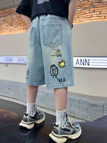 Tween Boys' Ripped Denim Bermuda Shorts With Cartoon Print - Blue - View 2