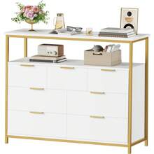 Cómoda moderna de 7 cajones, cómoda blanca con tiradores de metal, cómoda blanca y dorada, cómoda alta con cajones, organizador de almacenamiento de gran capacidad para la sala de estar, entrada, color blanco. - Blanco - Ver 9