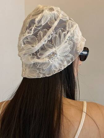 1 件时尚亮片花褶绒帽，夏季薄款透气网眼抽绳帽，复古风格，适合女性外出旅游