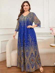 DEARCASE Plus Size Hot Stamping Print Long Sleeve Arabic Style Dress - Multicolor - View 6