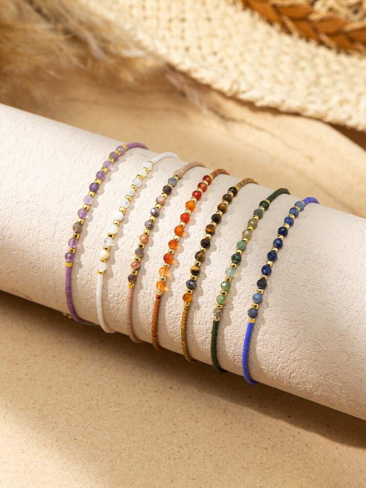 1 pieza Pulsera ajustable de cuerda con cuentas de piedra natural tallada de estilo bohemio, pulsera de amuleto de piedra de la suerte para pareja - Multicolor - Ver 11