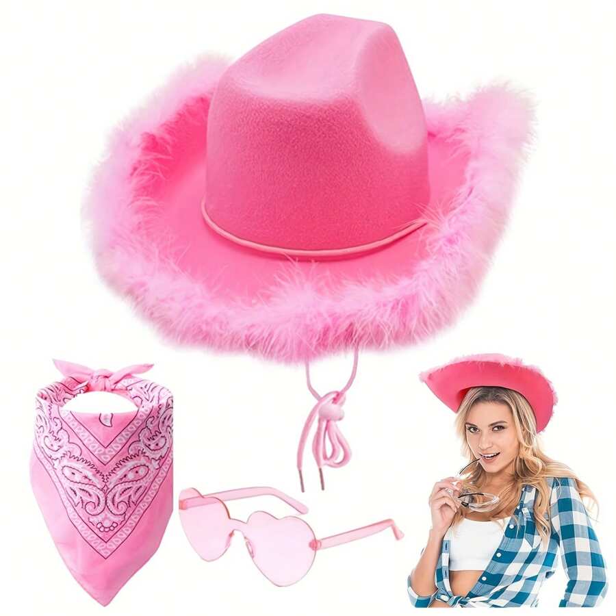 3-teiliges Set mit Vintage-Western-Kostümzubehör, inklusive flauschigem Cowboyhut mit breiter Krempe, einem Paar herzförmiger Brillen und einem Paisley-Schal, waschbare Polyesterausführung, perfekt für Halloween, Geburtstag, Junggesellenabschied, Pink/Schwarz, Abschlussball