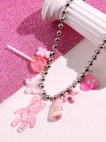 1 全新银色不锈钢珠链，粉色系列闪亮熊多吊坠项链，棒棒糖蝴蝶漂流瓶气球小狗爱情元素，适合女性夏季节日生日礼物，Y2K 可爱派对 DIY 创意时尚首饰 - 彩色 - 查看 9