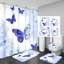 1pc/4pcs Set Blue Butterfly & Floral Multifunctional Bathroom Waterproof Shower Curtain With 12 Hooks, Bathroom Anti-Slip Mat, U-Shape Toilet Mat And Round Toilet Seat Cover, Bathroom Accessory Set For Full Scene Use