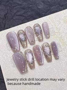 10 片手工制作紫色亮珠猫眼纹理设计珍珠魔镜佩戴指甲长度梯形日常沙龙约会佩戴可拆卸全覆盖假指甲适合美甲 DIY 爱好者收藏家女士女孩按压指甲美甲用品指甲 - 紫色 - 查看 2