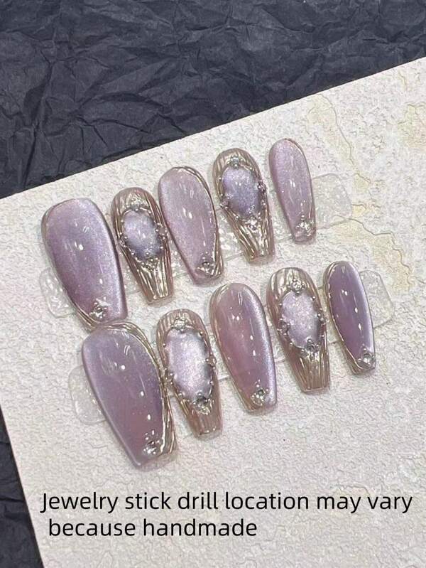 10 Pieces Handmade Purple Bright Bead Cat Eye Texture Design Pearl Magic Mirror Wear Nail Length Trapezoid Daily Salon Date Wear Removable Full Cover Fake Nails Suitable For Nail Art Diy Enthusiasts Collectors Ladies Girls Press On Nails