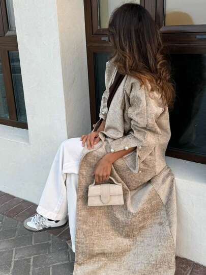 1 件女式长款 Abaya，时尚休闲前开叉袖珍珠纽扣纯色长袍外套，奢华亚麻材质，柔软缎面质地，端庄优雅，适合日常穿着，卡夫坦