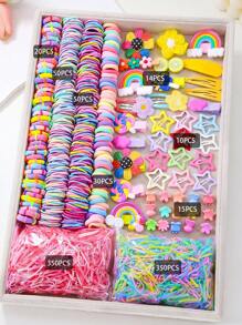 890pcs/Pack Kids Pink Heart & Bow Decor Hair Clips, Hairbands, Ponytail Holders, Hair Accessories, Everyday Use And Gift