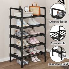 1 pieza Estantería para zapatos de varios niveles y sencilla, organizador de zapatos multifuncional, estantería de almacenamiento ahorra espacio, tubo de metal reforzado, soporte de plástico extendido, adecuado para entrada, armario, pasillo, dormitorio, garaje - Negro - Ver 5