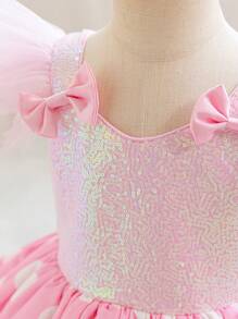 小女孩亮片蝴蝶结薄纱盖袖波尔卡圆点派对礼服，优雅公主裙，适合女孩生日派对、婚礼、花童、舞会、庆典、节日 - 粉色 - 查看 5