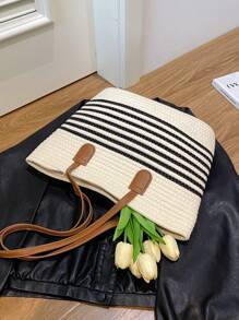 Bolso de paja de estilo de cesta de verduras de lujo ligero, bolso tipo tote de playa de gran capacidad, edición 2025 nuevo de nicho francés - Beis - Ver 7