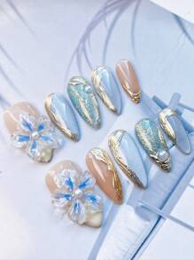 10 Nail Pieces Almonds Pure Handmade Super Beautiful High-End Gentle Style Multicolor Thin Flash Mirror Powder Aurora Hand Pinch Flower Hand-Painted Ribbon Gilded Belt Faux Pearl Press-On Nails Suitable For Girls And Women Press On Nails Nail Supplies Nails - Multicolor - View 2