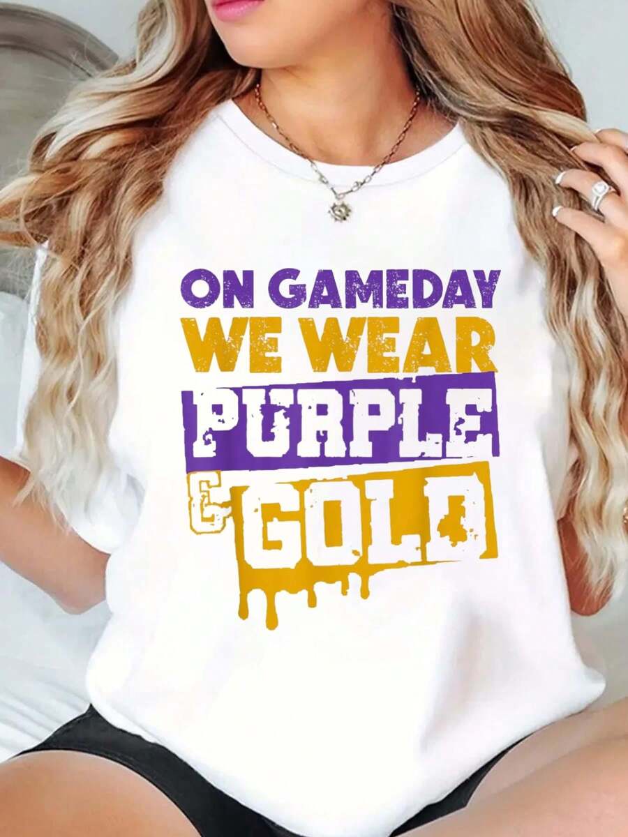On Gameday Football We Wear Purple And Gold Leopard T-Shirt Print T-Shirt, Casual Crew Neck Short Sleeve Comfort Tee Top For Spring & Summer, Women's Clothing