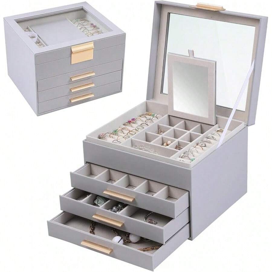 Large Jewelry Box Organizer - 6 Layer Jewelry Holder Organizer With Mirror For Necklace, Earrings And Bracelets Storage, Jewelry Boxes & Organizers For Women (6 Layer Turquoise) - 灰色 - 查看 1