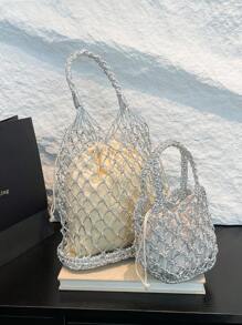 1 件时尚金色和银色镂空编织手提包，新设计手提单肩包，适合海滩度假的多功能手提包 - 銀色 - 查看 3