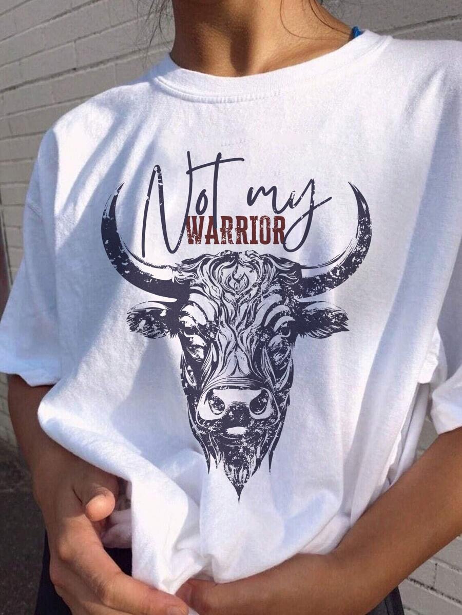 Bull Pattern Casual Versatile Simple Solid Color Round Neck Short Sleeve T-Shirt - White - View 1