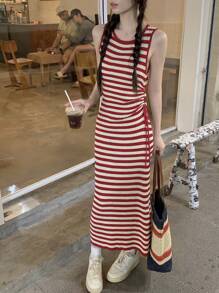 Ins Style Women Drawstring Crew Neck Sleeveless Long Casual Sweater Dress