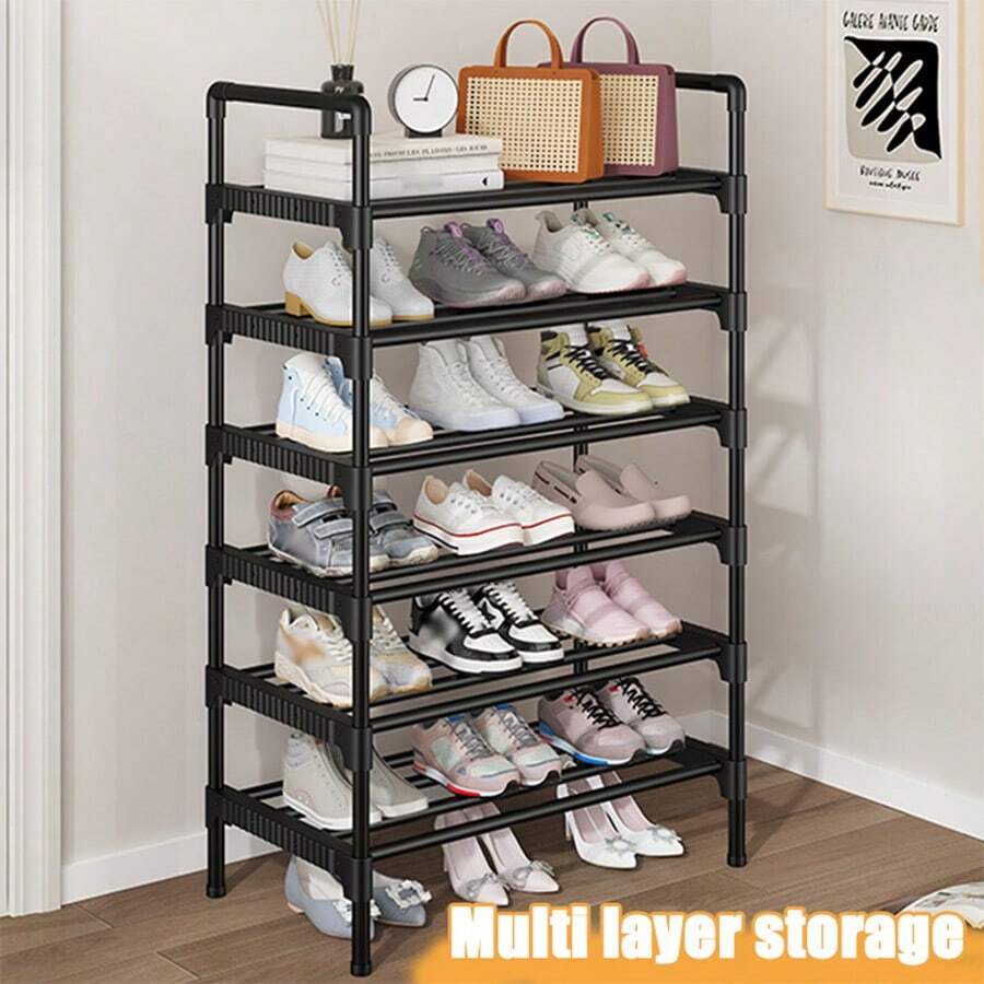 1 pieza Estantería para zapatos de varios niveles y sencilla, organizador de zapatos multifuncional, estantería de almacenamiento ahorra espacio, tubo de metal reforzado, soporte de plástico extendido, adecuado para entrada, armario, pasillo, dormitorio, garaje - Negro - Ver 1