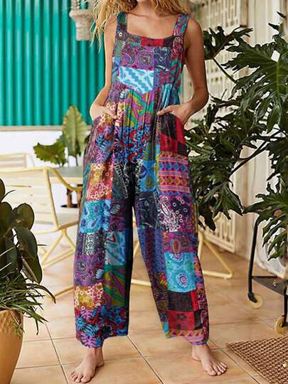 Women Summer Overalls Multicolor Vintage Square Neck Sleeveless Casual Jumpsuit With Pockets For Female Daily Streetwear