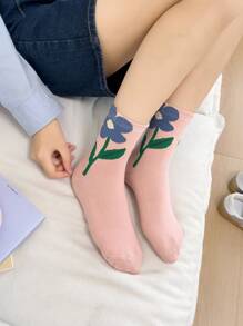 1/5双可爱花朵图案女士中筒袜。休闲女士袜子。透气袜子，秋季 - 彩色 - 查看 8