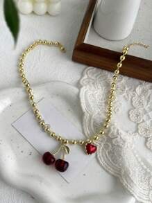 1 件 Y2k 创意复古时尚优雅铜树脂油滴樱桃爱心形吊坠项链马斯红女士姐妹情侣珠宝礼物，适合约会送礼派对节日通勤旅行度假佩戴红色珠宝 - 項鍊 - 查看 2