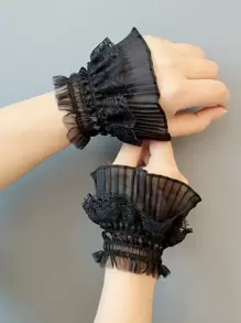 1 Pair Of Original Lace Ruffle Wrist Cuffs, Bridal Wedding Dress Wrist Decor, Romantic French Lace Detachable Sleeves - Black - View 9