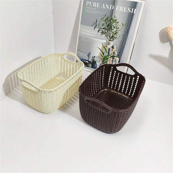 1PC/Solid Color Bathroom Organizer Bin - Wicker - Look Hollowed Plastic Storage Basket With Handles For Cabinet, Bathroom, Bedroom  Solid Storage Basket For Bathroom - Imitation Wicker - Style Hollow Plastic Organizer With Handles, Ideal For Cabinet, Bathroom & Bedroom Clutter Plastic Storage Basket With Handles, Imitation Wicker - Design Hollowed, Solid Color For Bathroom, Bedroom & Cabinet Organization