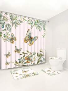 1pc/4pcs Floral Plant & Butterfly Functional Bathroom Decor Set, Includes Waterproof Shower Curtain With 12 Hooks, Anti-Slip Mat, U-Shaped Toilet Mat And Round Toilet Lid Cover, Suitable For All Bathroom Scenes