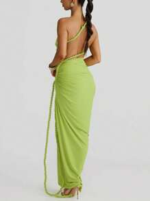 Đầm dài hở lưng xếp nếp xếp nếp hở lưng mùa hè cho nữ gợi cảm thanh lịch dự tiệc dạ hội - màu xanh lá - Xem 3