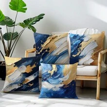 4 stuks blauw, wit en gouden abstracte schilderij illustratie patroon decoratieve kussensloop set, zachte perzikhuid pluche stof, enkelzijdige print 45*45cm, geschikt voor woonkamer, slaapkamer, bank, cadeau