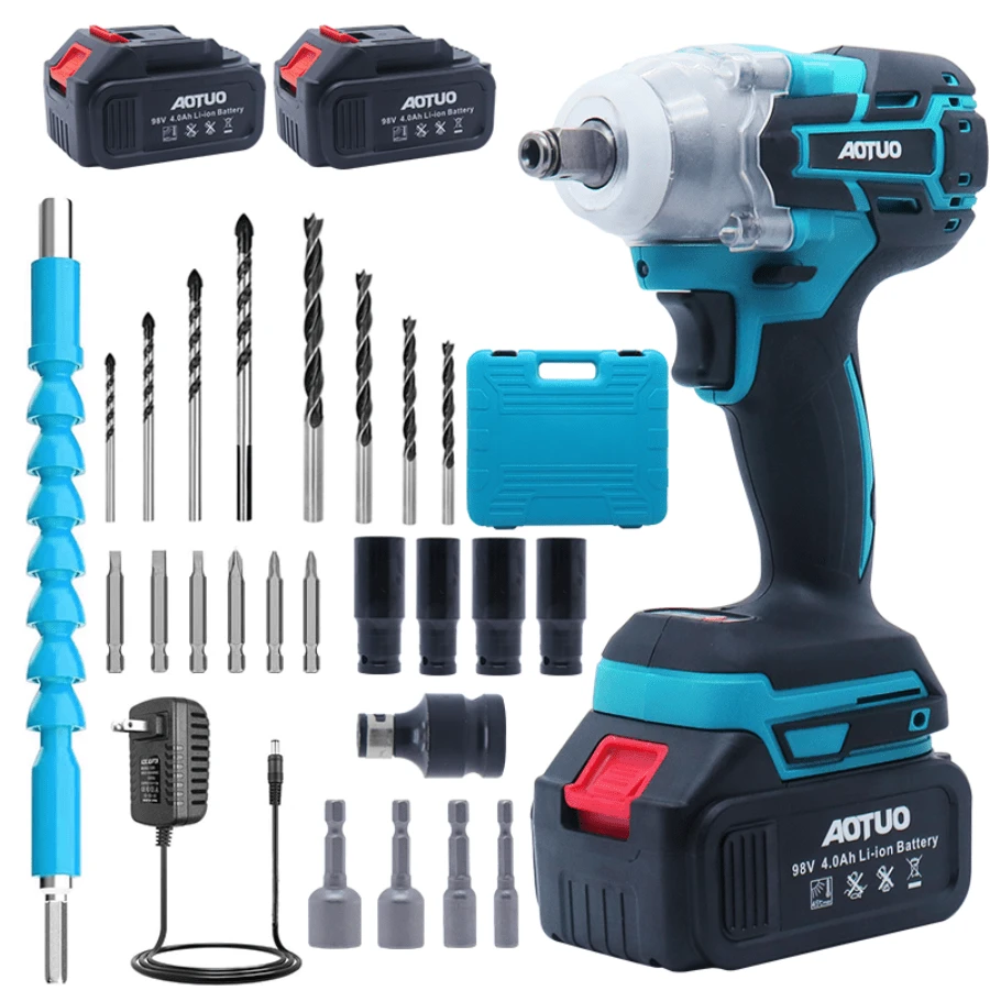 21V Compact Wireless Impact Wrench Set, 258ft LBS Torque, Includes Drilling Kit And Carrying Case, Includes Lithium-Ion Battery And Charger, 0.87-Inch Sleeve, Suitable For Home Repairs, Perfect For DIY And Small Car Tire Work - Blue - View 1