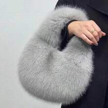 Fashion Soft Plush Half Moon Bags For Women Designer Fluffy Faux Fur Lady Handbags Luxury Small Tote Female Winter Purses - Black - View 7