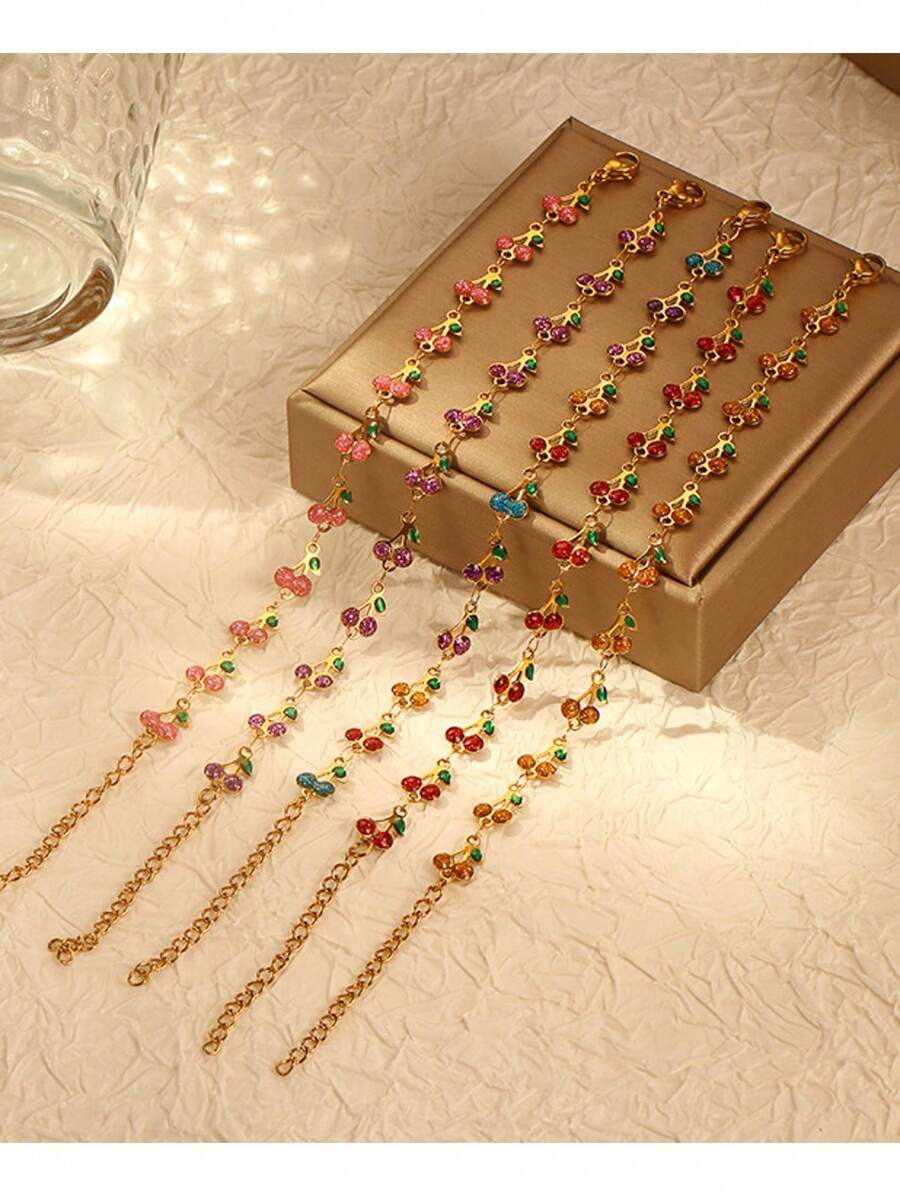 1pc Stainless Steel 18K Plated Cherry Oil Drip Bracelet, Multi-Color, Fashionable Ins Style Suitable For Party, Dating, Office Ladies - Cherry Bracelet - View 1