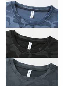 3-pak męskich koszulek z krótkim rękawem i okrągłym dekoltem, szybkoschnących, z jedwabiu lodowego, o wysokiej rozciągliwości, w geometryczne paski i wzory kamuflażowe, wiosna/lato