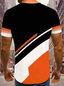 男士3D数码印花T恤 - 夏季休闲圆领短袖针织衫，100%涤纶，略带弹性，常规版型，周末休闲套头衫 - 黑白图案 - 彩色 - 查看 3