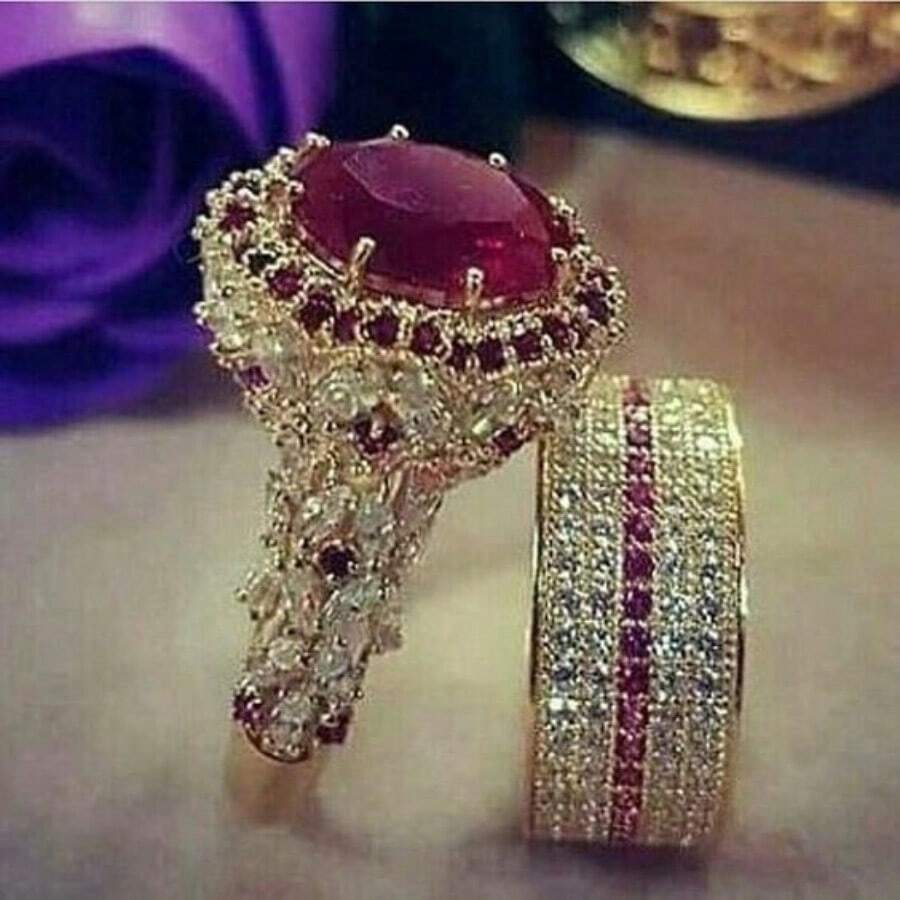 2pcs Elegant Stacking Rings With 14K Gold Plated Polished Cubic Zirconia, Gold Color, Perfect As Engagement/Wedding Rings, Lovely Jewelry Gift For Loved Ones - Gold - View 1