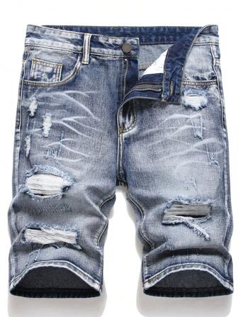 Short en jean style européen et américain pour hommes, coupe slim, mi-long, avec imprimé moustache bleu acier vif. Style emo