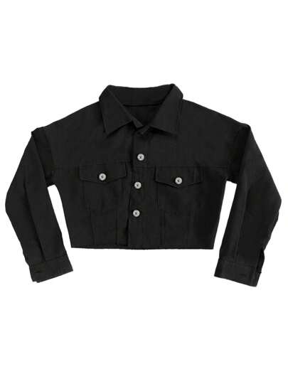 Women's Denim Short Coat, Solid Color Long Sleeve Lapel Jacket Button Down Distressed Hem Crop Jeans Coat