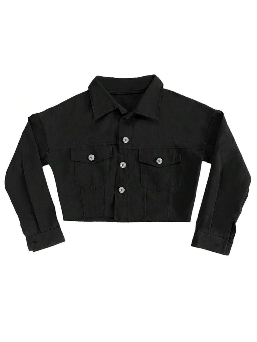 Women's Denim Short Coat, Solid Color Long Sleeve Lapel Jacket Button Down Distressed Hem Crop Jeans Coat - Black - View 1