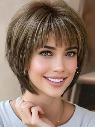 1 peça 10 polegadas Y2K Moda Feminina Cabelo Misto Cor Fibra Química Peruca Curta, Seda de Alta Temperatura Resistência ao Calor e Alta Densidade, A Decoração Perfeita para Meninas Sairem