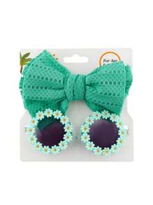 Kids Sunglasses Flower And Headbands For Baby Girls Toddler Sunglasses Sunflower Decor Anti-UV Sunglasses Matching Elastic Hollow Bow Hair Band For Boys Girls - 薄荷綠 - 查看 1